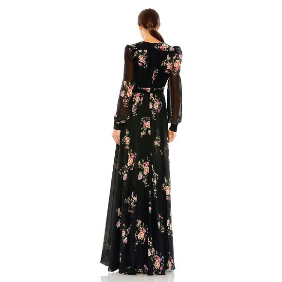 Mac Duggal Belted Floral Print Illusion Long Sleeve Maxi Gown Black Multi Size 6 - Picture 4 of 11